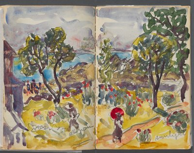 Skizzenbuch - Das Granitküstenhotel, Rockport, Seite 118 & 119: Gartenansicht mit Notizen von Maurice Prendergast