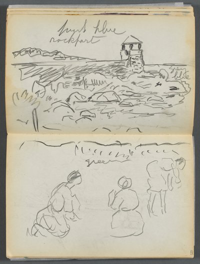 Skizzenbuch - Das Granite Shore Hotel, Rockport, Seite 124 & 125: Rockport-Leuchtturm und Figuren am Ufer von Maurice Prendergast