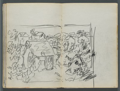 Skizzenbuch, Die Dells, Nr. 127, Seite 154 & 155: Landschaft mit Häusern von Maurice Prendergast