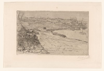 Landschaft mit Häusern und Wasser mit festgemachten Segelbooten von Maurits van der Valk (signed by artist)