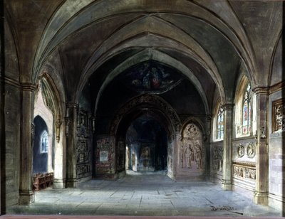 Dekoration für „Die Meistersinger“ oder „Die Meistersinger von Nürnberg“, Oper von Richard Wagner. Bühnenbild von Bruckner, Akt I. Wagner-Museum Bayreuth von Max Bruckner