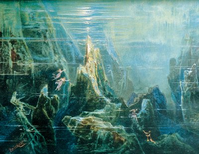 Deutschland, Bayreuth, Bühnenbild für die Aufführung Der Ring des Nibelungen - Das Rheingold von Richard Wagner, die Rheintöchter von Max Bruckner