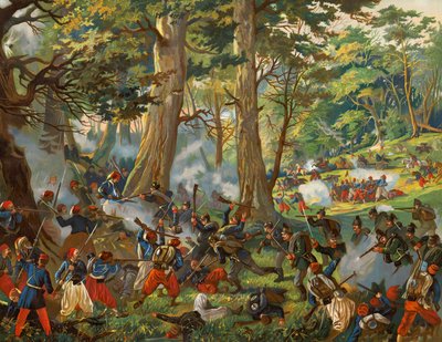 Französische und deutsche Infanterie kämpfen in einem Wald, Schlacht von Sedan von Max Henze-Dassau