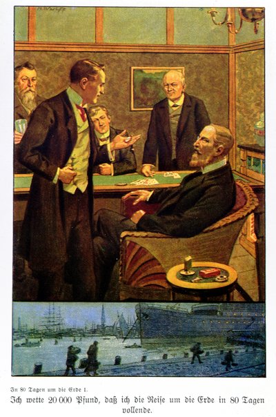Phileas Fogg nimmt die Wette im Reform Club an, dass er in 80 Tagen um die Welt reisen kann, Illustration aus einer in Berlin veröffentlichten Ausgabe von Max Wulff