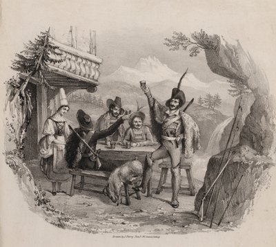 Jäger in den Bergen genießen ein Getränk in einer Taverne (Stich) von Maxim Gauci