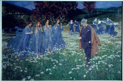 Träumerei, eine welttraumhafte Landschaft, ein Mann überquert ein Feld voller Feen, Gemälde von Maximilian Lenz (1860-1948) von Maximilian Lenz