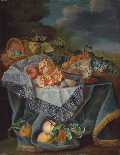 Trauben, Birnen und ein Apfel auf einem Glasgefäß, Granatäpfel und ein geflochtener Korb mit Früchten auf einem drapierten Tisch, und eine Parklandschaft dahinter von Maximilian Pfeiler or Pfeiller
