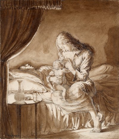 Nachtszene - Frau füttert ihr Kind, ca. 1900er von Maxwell Gordon Lightfoot