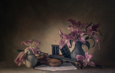 Stimmungsvolle Lilien und Violine von May G