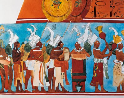 Rekonstruktion der Bonampak-Fresken, die eine Prozession von Musikern zeigen von Mayan