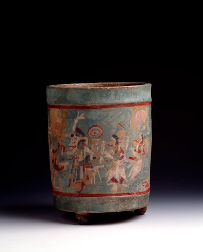 Präkolumbische Kunst, Maya-Zivilisation, klassische Periode: Zylindrische Vase aus polychromem Ton von Mayan Mayan