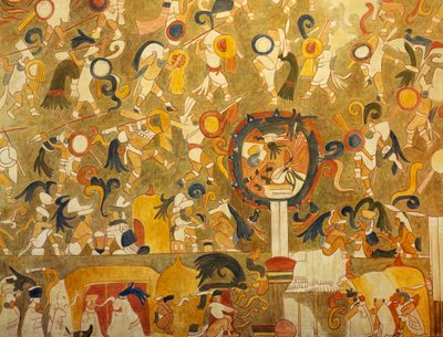 Rekonstruktion eines Maya-Gemäldes aus Chichen Itza (Yucatan, Mexiko), das eine Kampfszene darstellt. Maya-Zivilisation. von Mayan Mayan