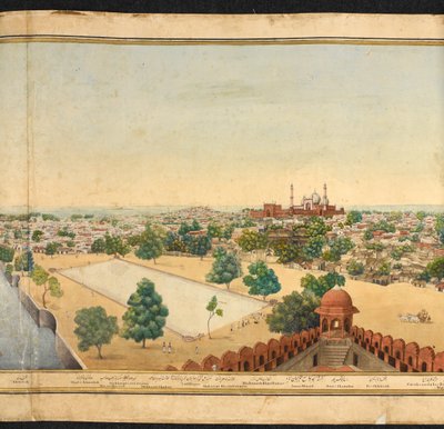 Abschnitt eines Panoramas von Delhi, zeigt die Jama Masjid von Mazar or Mazhar Ali Khan