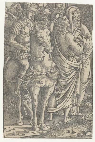 Fragment einer Kreuzigung mit Johannes dem Evangelisten und Maria und Soldaten von Meester IB met de vogel
