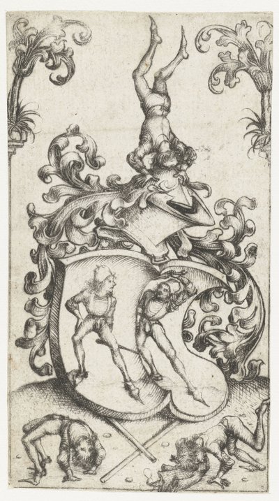 Wappenschild mit Akrobaten und Schwertkämpfern von Meester van het Amsterdamse Kabinet