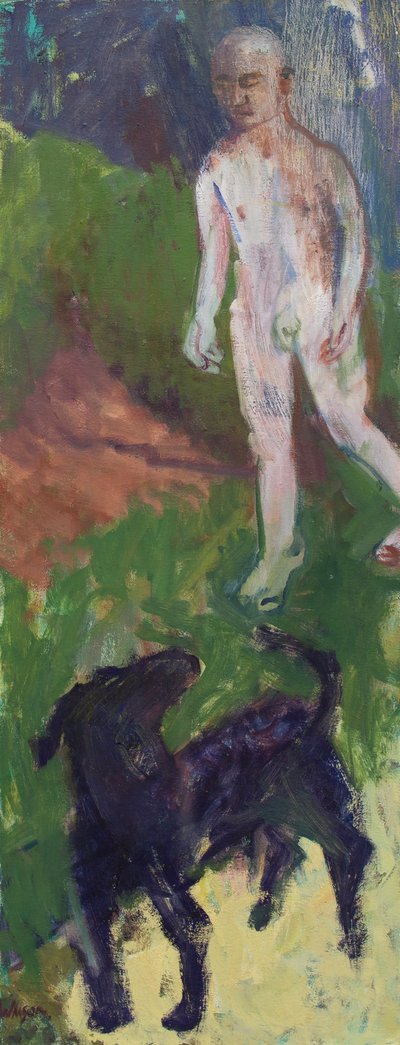 Weißer Mann, der einen schwarzen Hund führte, 2016 von Megan Williamson
