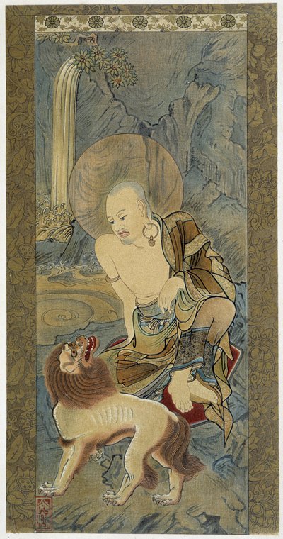 Der Mann mit dem Löwen. Malerei auf Seide von Meicho (1427-1532). von Meicho