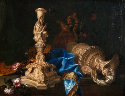 Stillleben mit Kerzenhalter, Arbeiten des Herkules und zwei Krügen von Meiffren Conte