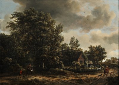 Bewaldete Landschaft mit Reisenden auf einer Straße bei einem Landhaus von Meindert Hobbema