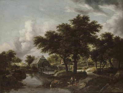Bewaldete Landschaft mit einer Wassermühle von Meindert Hobbema