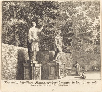 Statuen von Merkur und Flora, Gärten von Dukedi Sora, Frascati von Melchior Küsel after Johann Wilhelm Baur