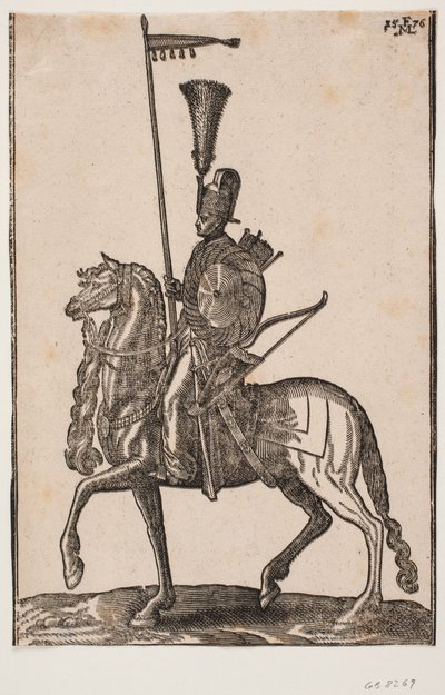 Berittener Soldat, Profil nach links; Lanze mit Wimpel, Bogen daneben, runder Schild, Köcher; Kopfbedeckung mit Federbusch von Melchior Lorck