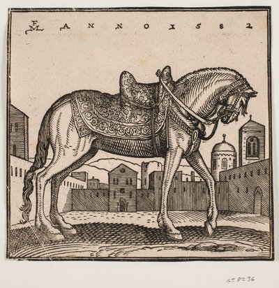 Elegantes gesatteltes Pferd, Profil nach rechts, auf einem rechteckigen Platz von Melchior Lorck