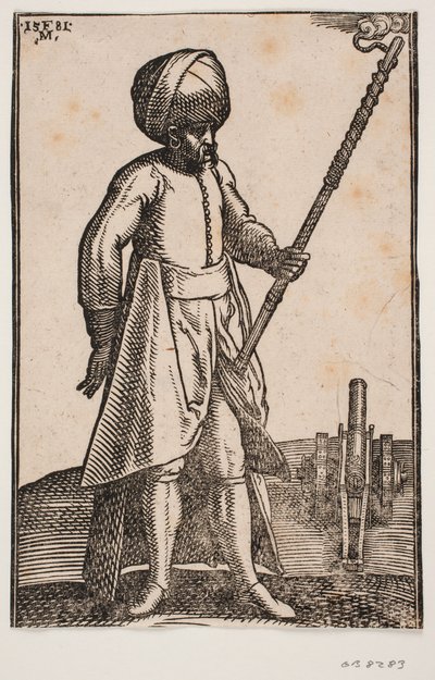 Ein Kanonier bei seiner Kanone, in einer offenen Landschaft von Melchior Lorck