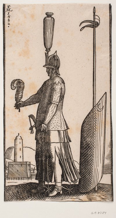Stehender Soldat mit Helm, Profil nach links, eine Feder in seiner ausgestreckten Hand haltend; hinter ihm lehnt ein mondgeschmückter Schild an einer in den Boden gesteckten Lanze von Melchior Lorck