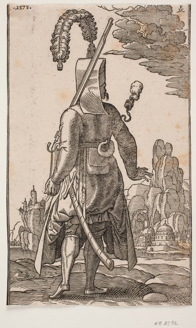 Stehender Janitschar von hinten gesehen, Federkopfbedeckung, Gewehr an der linken Schulter von Melchior Lorck