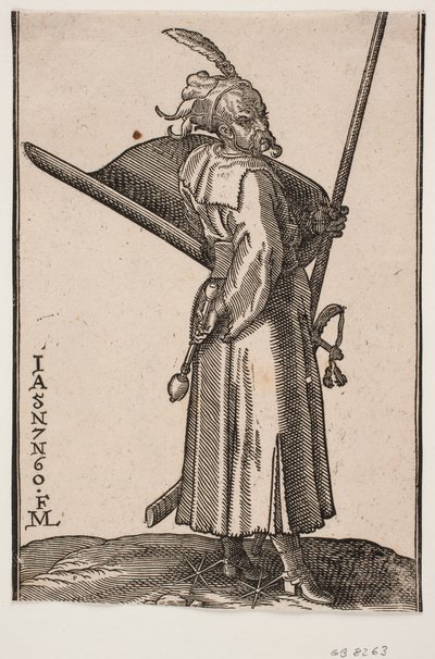 Stehender Soldat (akinci), Profil nach rechts; in der rechten Hand eine Keule, in der linken Hand eine Lanze, deren Spitze außerhalb der oberen Rahmenlinie ist; auf dem linken Arm ein Schild mit der Innenseite nach oben, an der linken Seite ein Schwert von Melchior Lorck