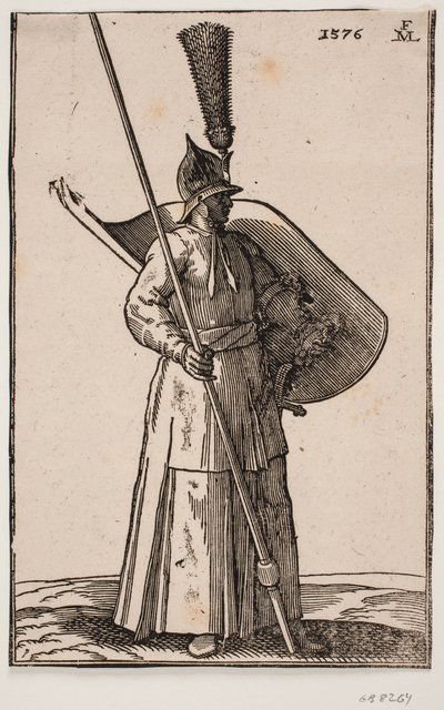 Stehender Soldat, nach rechts gewandt; auf dem Kopf ein spitzer Helm mit prächtigem Federbusch; in der rechten Hand eine Lanze, deren Spitze außerhalb der oberen Rahmenlinie ist; auf dem linken Arm ein Schild mit nach oben gerichteter Innenseite von Melchior Lorck