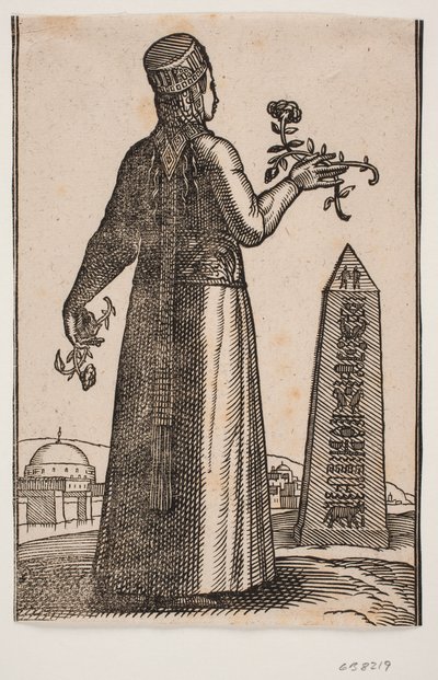 Unverschleierte Frau von hinten gesehen; in jeder Hand hält sie einen blühenden Rosenast von Melchior Lorck