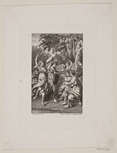 Illustration mit antik gekleideten feiernden Menschen in einem Garten von Meno Haas