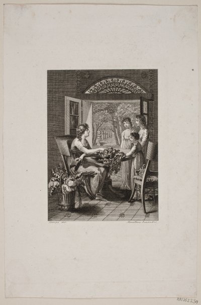 Illustration mit Frauen an einem Tisch in einem Gartenhaus von Meno Haas