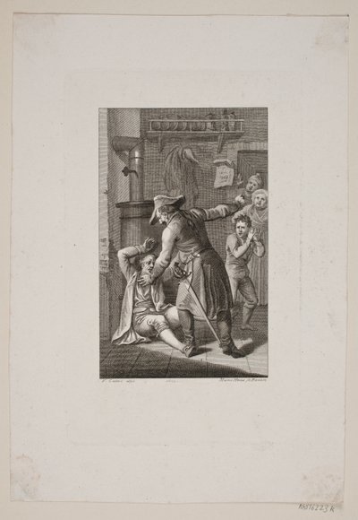 Illustration mit uniformierter Person im Kampf mit einem liegenden Mann von Meno Haas
