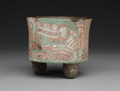 Zylindrisches Dreibeingefäß mit zwei Figuren mit Schutzbrillen, ca. 400-650 n. Chr. von Mesoamerican Mesoamerican