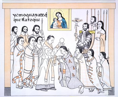 Kaziken empfangen die Kommunion von einem Priester im Haus von Hernando Cortes (1485-1547), Illustration aus einer Faksimile einer mexikanischen indianischen Bildgeschichte Lienzo de Tlaxcala von ca. 1550, 1892 von Mexican School