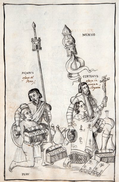 MS Hunter 242 f.248v Picarus (Pizarro) präsentiert Peru und Cortesius (Cortés) Nueva España, Illustration aus der Historia de Tlaxcala von Diego Muñoz Camargo von Mexican School