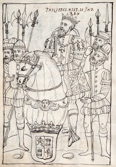 MS Hunter 242 f.249v Philipp II. zu Pferd, trägt den Orden vom Goldenen Vlies, umgeben von Bewaffneten, Illustration aus der Historia de Tlaxcala von Diego Muñoz Camargo von Mexican School