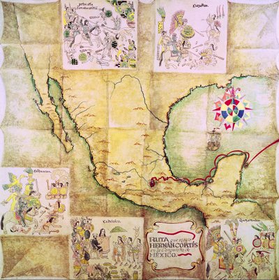 Karte der Route von Hernando Cortes (1485-1547) während der Eroberung Mexikos von Mexican School