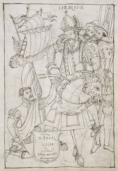 Christoph Kolumbus bietet symbolisch die Neue Welt Karl V. an, aus Historia de Tlaxcala von Diego Muñoz Camargo von Mexican School