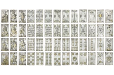 Äußerst seltenes Set von 52 Spielkarten, graviert in den vier italienischen Farben, Augsburg von Michael Froemmer