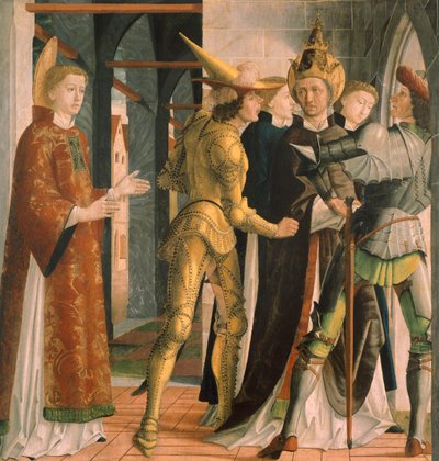 Papst Sixtus II. verabschiedet sich von St. Laurentius, um 1465 von Michael Pacher