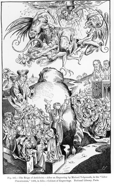 Die Herrschaft des Antichristen, aus dem Liber Chronicarum, veröffentlicht 1493, Illustration aus Wissenschaft und Literatur im Mittelalter und der Renaissance, geschrieben und graviert von Paul Lacroix, 1878 von Michael Wolgemut