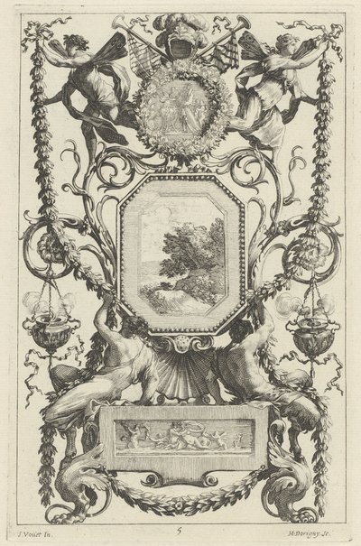 Ornamentales Paneel mit einem Medaillon mit einem Opfer von Michel Dorigny, after Simon Vouet