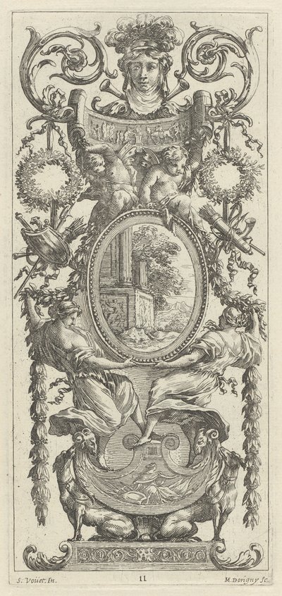 Ornamentales Panel mit einem von Laub flankierten Kopf von Michel Dorigny, after Simon Vouet