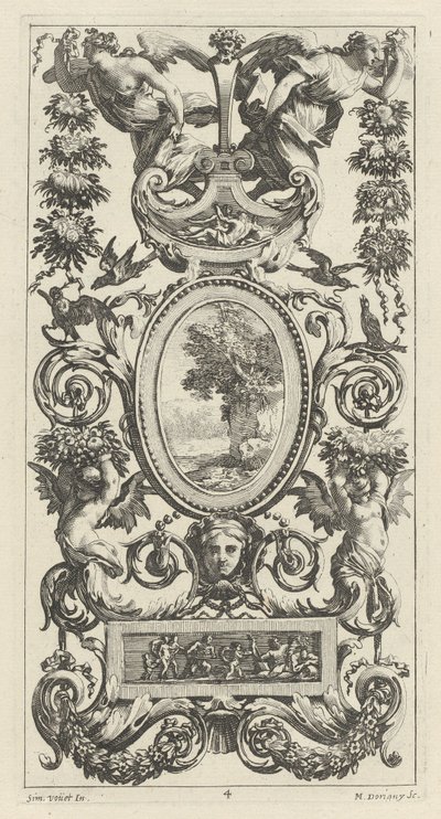 Ornamentale Tafel mit Pan und zwei Girlandentragenden Frauen von Michel Dorigny, after Simon Vouet