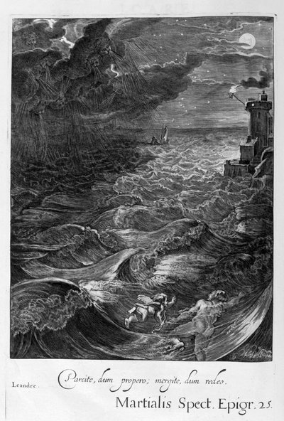 Leander schwimmt über den Hellespont, um seine Geliebte Hero zu treffen, 1655 von Michel de Marolles
