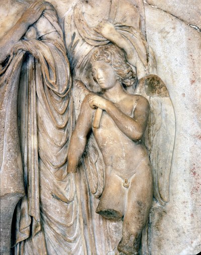 Engel, venezianischer Marmor, frühes 16. Jahrhundert. Beerdigungszeremonie, Detail, Louvre Museum. Skulptur von Michelangelo Buonarroti genannt Michelangelo (Michelangelo oder Michelangelo) von Michelangelo Buonarroti